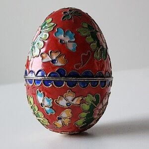 Vintage Cloisonne Enameled Egg Shaped Trinket Box Ornament Turquoise Inlay
